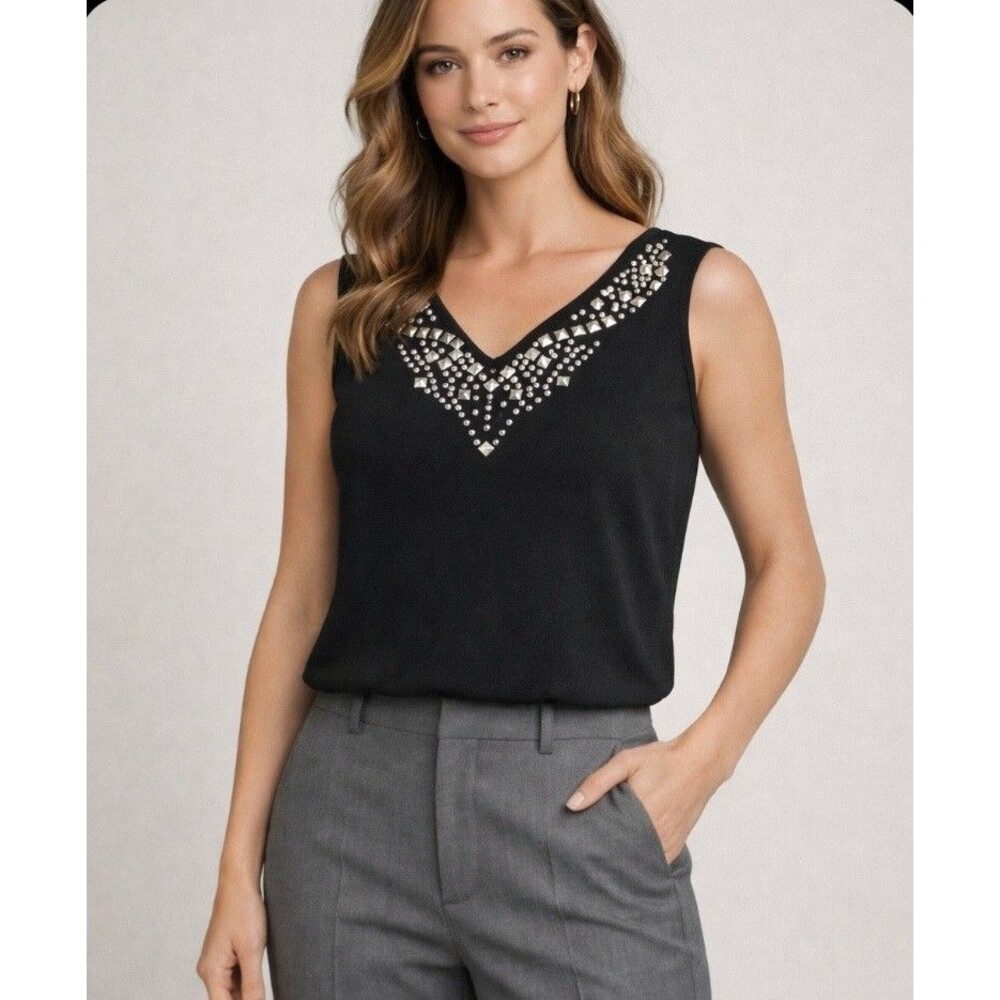 Laura Ashley Vintage‎ Black Studded V Neck Sleeveless Embellished Top Womens L